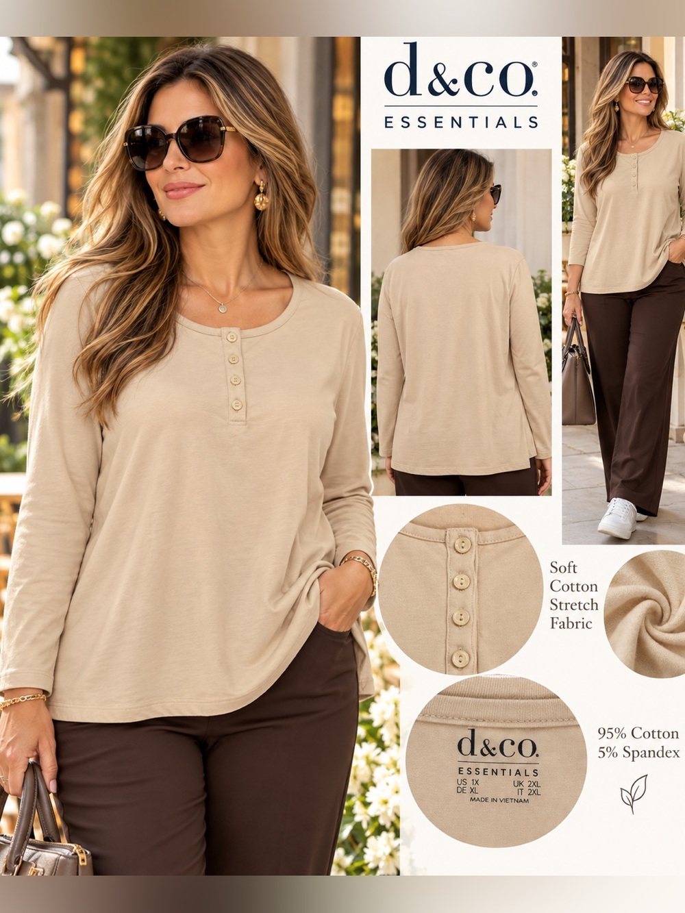 d&co. Essentials Beige Henley Long Sleeve Top – Size 1X – NWOT